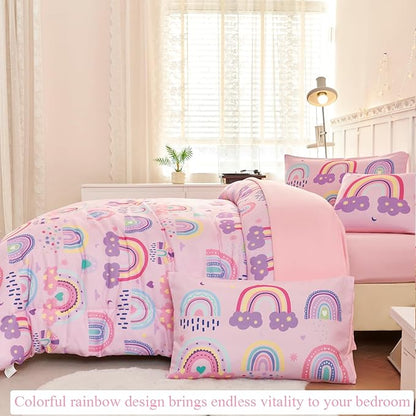 ANGIYUIN 6 Pieces Full Size Kids Comforter Set for Girls Colorful Rainbow Bed in A Bag with Sheets Cute Cartoon Clouds, Stars, Love Hearts Printed Bedding Set for All Season, Pink, Full