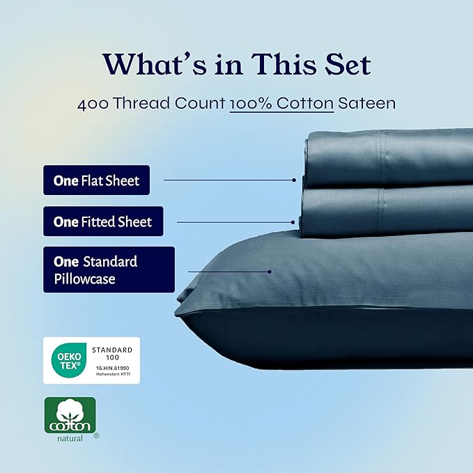 California Design Den Twin XL Sheet Sets - 400 Thread Count Sateen, 100% Cotton Sheets Set, Deep Pockets, and Durable Bedding for Dorm Rooms & Adults - Peacock Blue