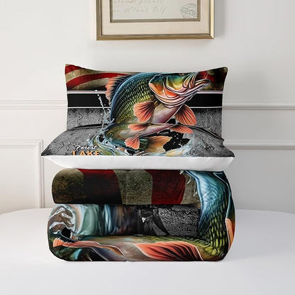 Big Pike Fishing Comforter Set for Kids Men Women, 3 Piece Striped Bass Big Fish American Flag Bedding Set Twin Size, Theme Quilt Decorative Soft Bedding Set with 2 Pillowcases