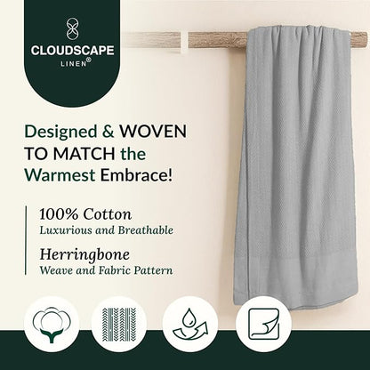 Cloud Scape Linen Herringbone Cotton Twin Blanket for Couch, Bed,Sofa, Home Decor, Soft, Weighted, All-Season, Winter Bed Blanket, Best Gift Idea, 68 x92, Light Grey