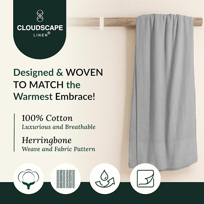 Cloud Scape Linen Herringbone Cotton Throw Blanket for Couch, Bed,Sofa, Home Decor, Soft, Heavy, All-Season, Winter Bed Blanket, Best Gift for Christmas, 50 x 70, Light Grey