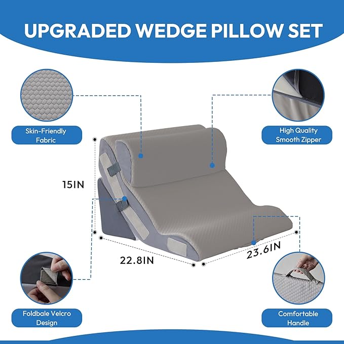 3PCS Wedge Pillow Set for After Surgery, Back Pillow for Bed Sitting up, 10-in-1 Foam Wedge Pillow for Acid Reflux & Back Pain Relief, Post Surgery Pillow for GERD & Snoring, Grey