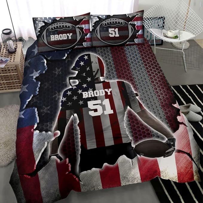 Personalized American Football Bedding Set, Kids 3 Piece Duvet Cover Set with Pillow Shams for Teens Boys, NO Comforter, Twin Size for Rugby Lovers (Football 14)