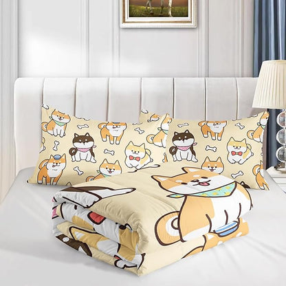 Kawaii Cartoon Corgi Dog Animal Themed 3Pcs Comforter Full Yellow Black Dogs Pattern Bedding for Kids Teens Girls Boys Cute White Bone Quilt Bed Decor Set with 1 Comforter and 2 Pillowcases