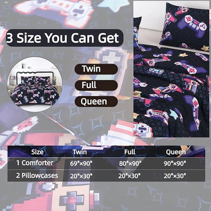 SDIII Vibrant Colors Gamer Comforter Set Full 3 Pieces, Soft Microfiber Gamer Comforter Sets for Boys and Girls, Lightweight Gaming Bedding Set Full