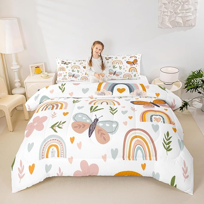 Boho Rainbow Comforter Set Full Size Cute Butterfly Bedding Set 3Pcs for Kids Girls Boys Adult Room Decor Cartoon Love Heart Palm Leaves Quilt Set Animals Botanical Duvet Insert,2 Pillowcase