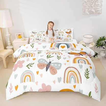 Boho Rainbow Comforter Set Full Size Cute Butterfly Bedding Set 3Pcs for Kids Girls Boys Adult Room Decor Cartoon Love Heart Palm Leaves Quilt Set Animals Botanical Duvet Insert,2 Pillowcase
