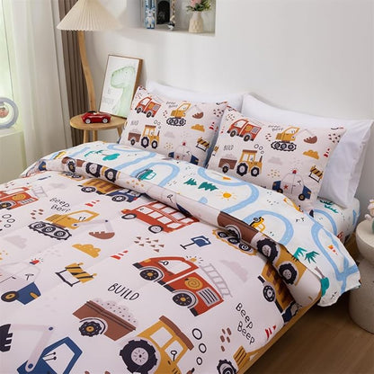 NTBED 5 Pieces Construction Full Comforter Set for Boys Kids Fire Truck Vehicles Excavator Lightweight Microfiber Bedding Sets