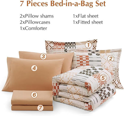 MaiRêve Full Size Comforter Sets, Classic Plaid Farmhouse Bedding Sets 7 Pieces, Beige All Season Bed in A Bag with Sheets, Pillowcases & Shams