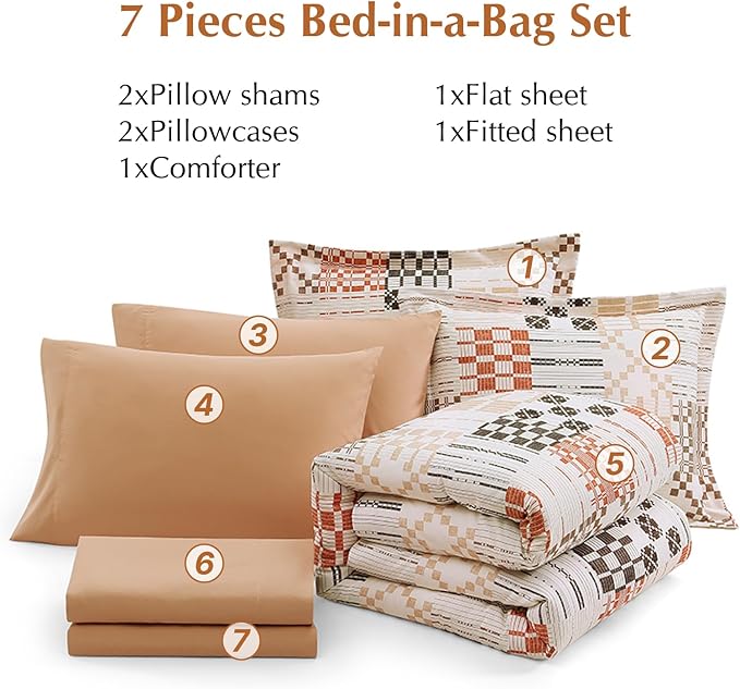 MaiRêve Queen Comforter Set, Classic Plaid Farmhouse Bedding Sets 7 Pieces, Beige All Season Bed in A Bag with Sheets, Pillowcases & Shams