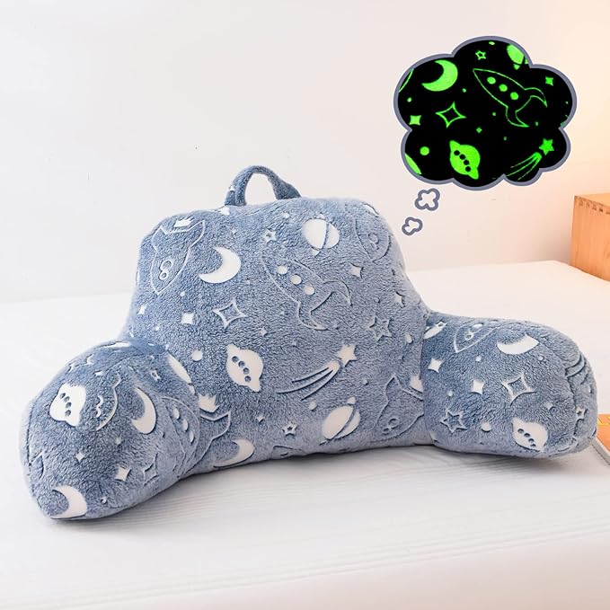 Meeting Story Glow in The Dark Rocket Moon Meteor Space Luminous Reading Pillows Glow in The Dark with Arms Back Pillow for Bed, Bed Rest Pillow for Adults Teens, Kids, (Light-Blue)