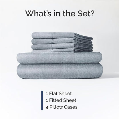 Full 6 Piece Sheet Set - Comfy Breathable & Cooling - Soft Hotel Luxury Bedding Set with 8-16 Inch Deep Pockets - 1 Flat & 1 Fitted Sheet & 4 Pillowcases - Wrinkle Free & Easy Care - Heathered Blue