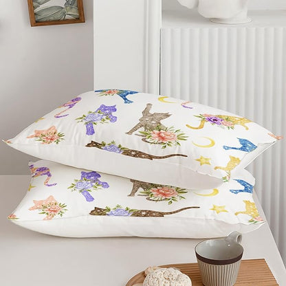 Cute Cat Comforter Set Full Size, Colorful Flower Cat with Flowers Duvet Set, White Comforter with Moon and Star Pattern, Kids Gift for Bedroom Decor