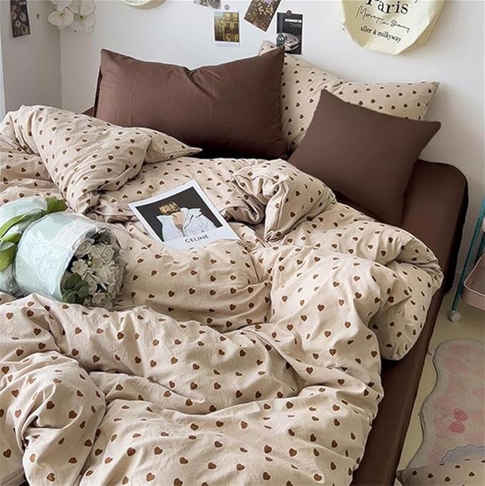 Light Khaki Duvet Cover Full 3Pcs Chocolate Brown Love Heart Bedding Set Simple Fashion Love Heart Shaped Pattern Bedding Reversible Soft Microfiber Zipper Closure