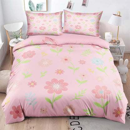 Pink Flower Duvet Cover Sets Full Size for Girls Kids, Pink Floral Comforter Cover with 1 Duvet Cover 79x90 Inches and 2 Pillowcases 20x26 Inches (Full,No Comforter)