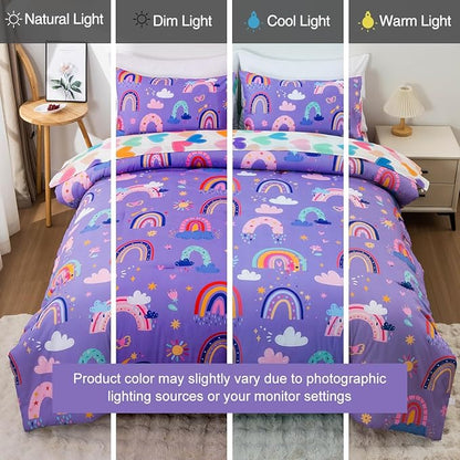 Holawakaka Boho Rainbow Queen Comforter Set with Sheets, 5-Piece Bohemian Love Heart Star Bedding Set for Girls & Women -Super Soft Microfiber Kids Teen-Girls Lavender Reversible Bed-in-a-Bag