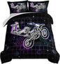 HOSIMA Motorcycle Racer Comforter Set - Extreme Sports Theme Bedding for Kids, Teens, Men Room Decor - Dirt Bike Motorbike Full Size With 2 Pillowcases - Purple Line Grid Black
