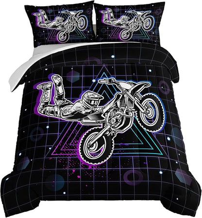 HOSIMA Motorcycle Racer Comforter Extreme Sports Theme Bedding Set for Kids Teens Men, King Size, Purple Line Grid Black Comforter with 2 Pillowcases.