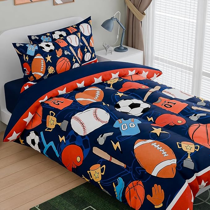 SANDJEST Sports Bedding Sets for Boys, Ultra Soft Microfiber Comforter Full Size Set with 4-Pieces, Comforters for Kids Children Boy Bedroom Decor