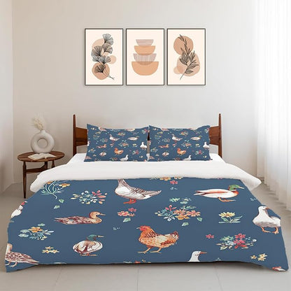 Chicken Duck Goose Theme 3 Pieces Duvet Cover Comforter Set with 2 Pillowcase Queen Size Farm Animal Bed Sheet Quilt Bedroom Bedding for Lover Kids