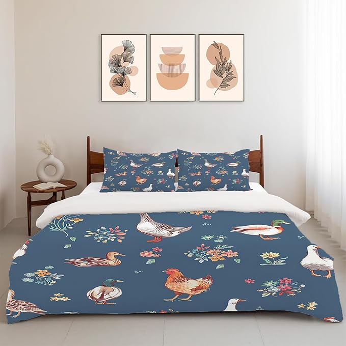 Chicken Duck Goose Theme 3 Pieces Duvet Cover Comforter Set with 2 Pillowcase King Size Farm Animal Bed Sheet Quilt Bedroom Bedding for Lover Kids