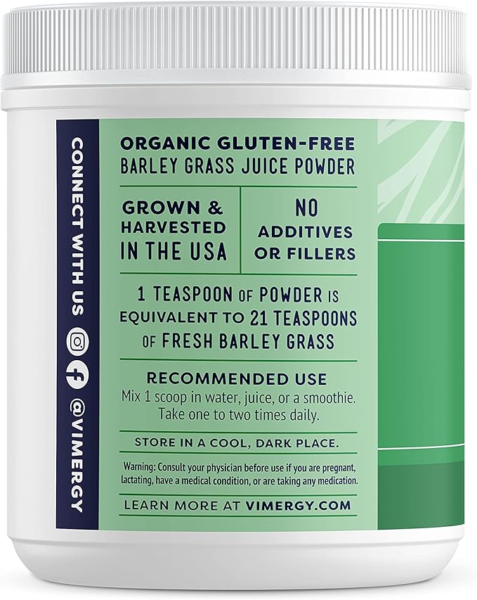 Vimergy Barley Grass Juice Powder Dietary Supplement - 0.8g per Serving (312 Servings) – Clean Superfood Formula – Promotes Cardiovascular Health* – Organic, Vegan & Gluten-Free – Regular Size 250g
