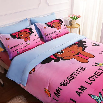 7 Piece Black Girls Magic Comforter Set Twin Size African American Girl Bedding Sets Bed in A Bag for Kids Teens Inspirational Quotes Pink Blue Quilt Room Decor