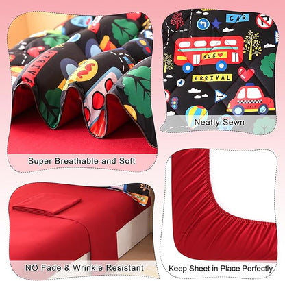 Wowelife Toddler Bedding Set 4 Piece Black Toddler Bed Set with Comforter, Flat Sheet, Fitted Sheet and Pillowcase(Black Transportation)
