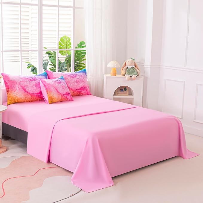 6Pcs Pink King Comforter Set for Girls Kids, Tie Dye Colorful Watercolor Marble Bedding Set King(1 Comforter, 1 Flat Sheet, 1 Fitted Sheet, 1 Cushion Cover, 2 Pillowcases)