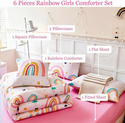 ANGIYUIN 6 Pieces Multi-Color Rainbow Queen Bedding Comforter Set for Girls Kids Cute Cloud and Love Hearts Girls Bedding Set Soft Microfiber Kid Bed in a Bag with Comforter, Sheets, Pillowcases