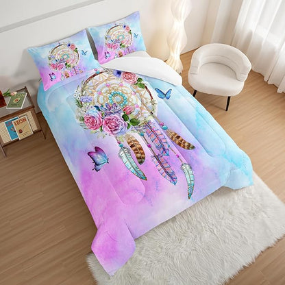 HOSIMA Boho Bedding Dream Catcher Comforter for Queen Size Bed with 2 Pillowcases,Butterfly Bed Set Room Decor for Teen Girls,Feather Floral Bedding Queen Comforter Sets for Adults Kids.