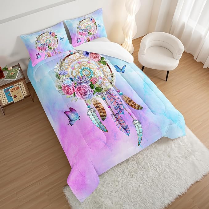 HOSIMA Boho Bedding Dream Catcher Full Size Comforter Sets with 2 Pillowcases,Butterfly Bed Set Room Decor for Teen Girls,Feather Floral Bedding Bed in a Bag Full Size for Adults Kids.