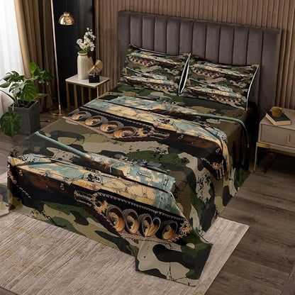 Erosebridal Boys Car Bedspread Camouflage Tank Cannon Quilted for Kids Children Military Vehicle Coverlet Set Retro Camo Vintage Style Bedspread Quilt Set 3Pcs with 2 Pillow Case King Size