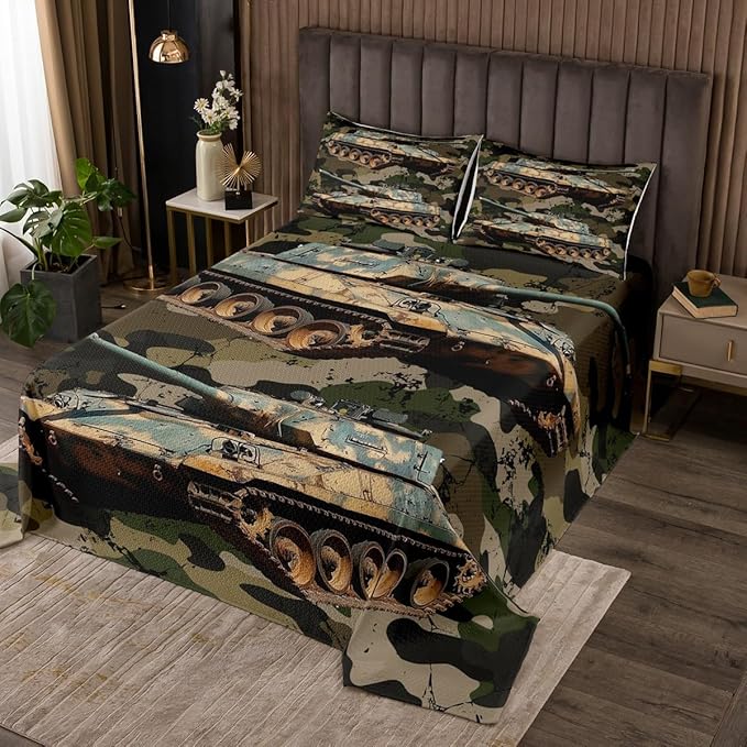 Erosebridal Boys Car Bedspread Camouflage Tank Cannon Quilted for Kids Children Military Vehicle Coverlet Set Retro Camo Vintage Style Bedspread Quilt Set 3Pcs with 2 Pillow Case Queen Size