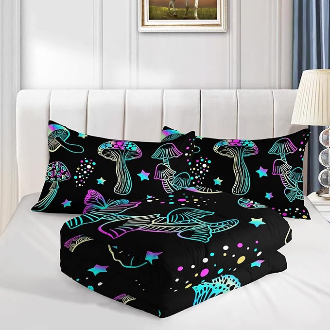 Colorful Mushroom Comforter Set Queen Size Kids Mushroom Butterfly Bedding Set Star Quilt Bed Set for Boys Girls Adults with 1 Comforter and 2 Pillowcases