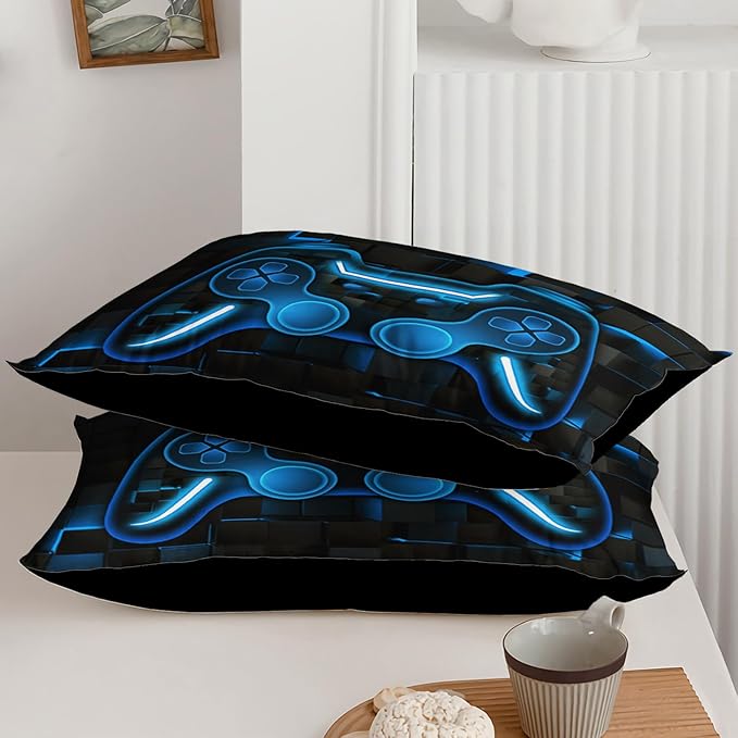 Axolotl Gamepad Comforter Set Full Size,Blue Grid Print Bedding Set,Boys Gaming Console Comforter Set,Modern Gaming controller Geometry Bedding Set for Adult Teens Men,1 Quilt 2 Pillowcases,Blue Black