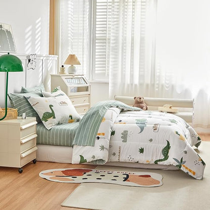 Joyreap Bed in a Bag Cotton, Dinosaur Theme Fresh Green, Twin Size 6-Piece Cotton Bedding Comforter Set for Kids Boys n Girls- 1 Comforter, 2 Pillow Shams, 1 Flat Sheet, 1 Fitted Sheet, 1 Pillowcase