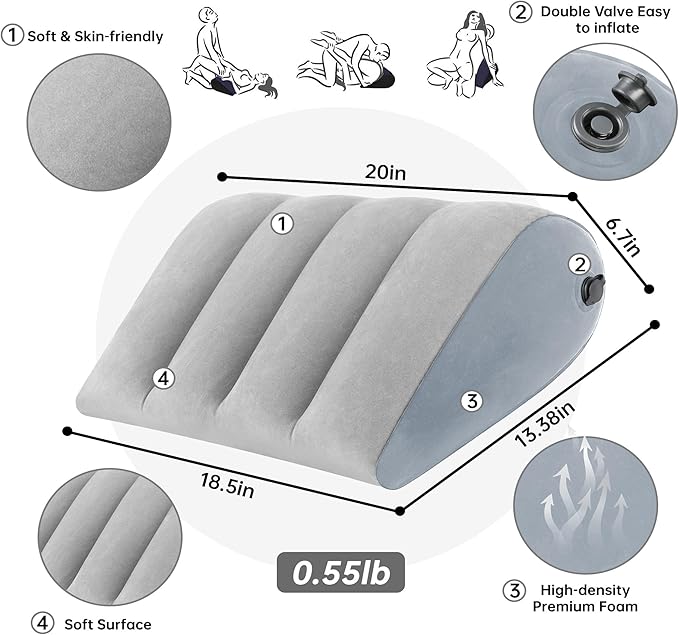 Portable Inflatable Wedge Pillow,Body Positioner for Sleep Support, Adjustable Travel Cushion - Lightweight Bed/Leg/Partner Support Pillow, Fast Inflation, Grey 1 Pack