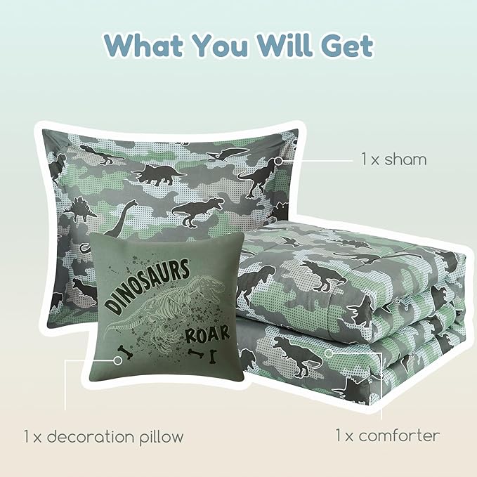 Twin Comforter Set for Boys-3 Pieces Dinosaur Glow in The Dark Twin Bedding Sets for Kids,1 Comforter,1 Sham and 1 Decor Pillow