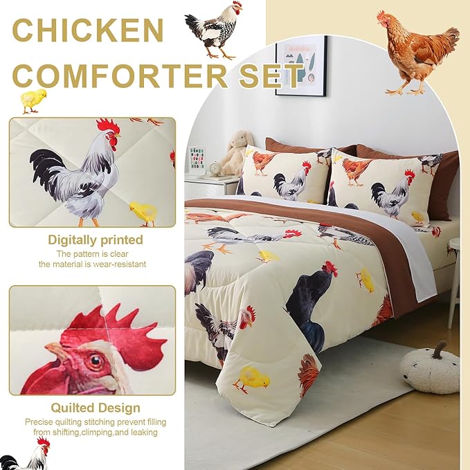 Wajade Chicken Comforter Set 7 Pcs Animal Theme Bedding Set Full Size for Kids Adults Chicken Quilt Farm Theme Printed Pattern for Thanksgiving Birthday