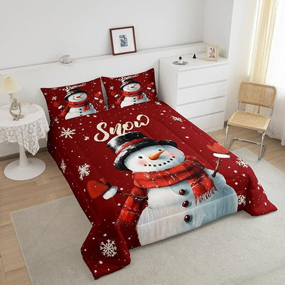 Erosebridal Snowman Comforter Set for Kids Boys Girls,Vintage Burgundy Christmas Bedding Set Queen,Xmas Snowflake Duvet Insert,Merry Christmas Down Comforter with 2 Pillowcases Lightweight Warm