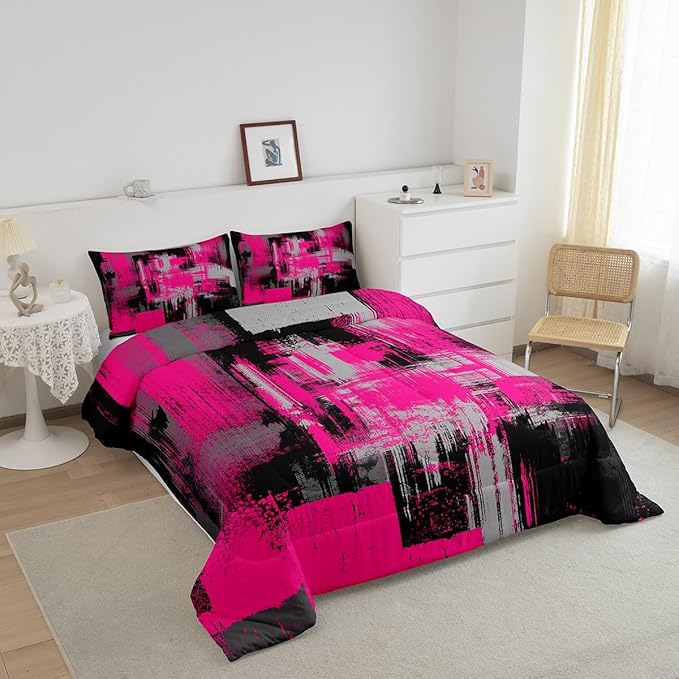 Feelyou Hot Pink Grey Black Abstract Duvet Quilt Twin Size Geometric Bedding Set for Kids Boys Girls Decor Modern Comforter Set Breathable Soft Microfiber Buffalo Check Bedroom Decor Bedclothes