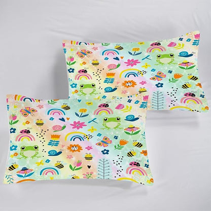 Rainbow Comforter Sets Twin Size Cartoon Floral Frogs Bedding Set for Girls Kids Children Boys Butterfly Flowers Bees Insects Cute Kawaii Quilt 1 Comforter + 1 Pillow Case