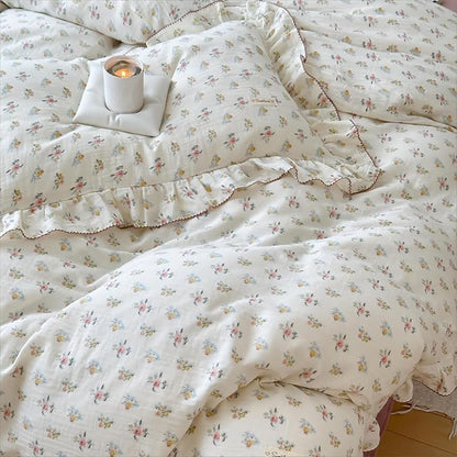 BuLuTu Muslin Duvet Cover Full with Ruffles, Shabby Chic Azalea Floral Bedding for Kids Teens Girls Boys, Comforter Cover Breathable Soft Gauze Cotton Quilt Cover with Zipper & Corner Ties