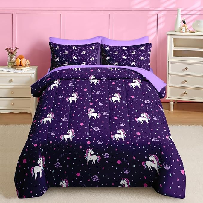 Nesker Comforter Set Queen Size, Purple Unicorn 7 Pcs Bedding for Kids Teens, Cute Rainbow with Fitted Sheet 2 Pillowcases & 2 Shams for Bedroom Bed Decor