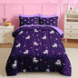 Nesker Comforter Set Queen Size, Purple Unicorn 7 Pcs Bedding for Kids Teens, Cute Rainbow with Fitted Sheet 2 Pillowcases & 2 Shams for Bedroom Bed Decor