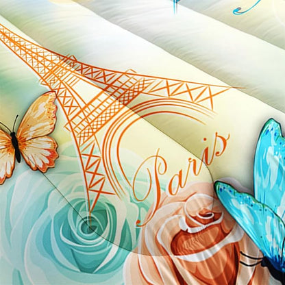 Paris Eiffel Tower Themed Bedding Butterfly Comforter 3Pcs Full Tie Dye Rose Colorful Pattern Bedding Set for Teen Girl Boy Bed Decor Romantic Building Quilt with 1 Comforter and 2 Pillowcases