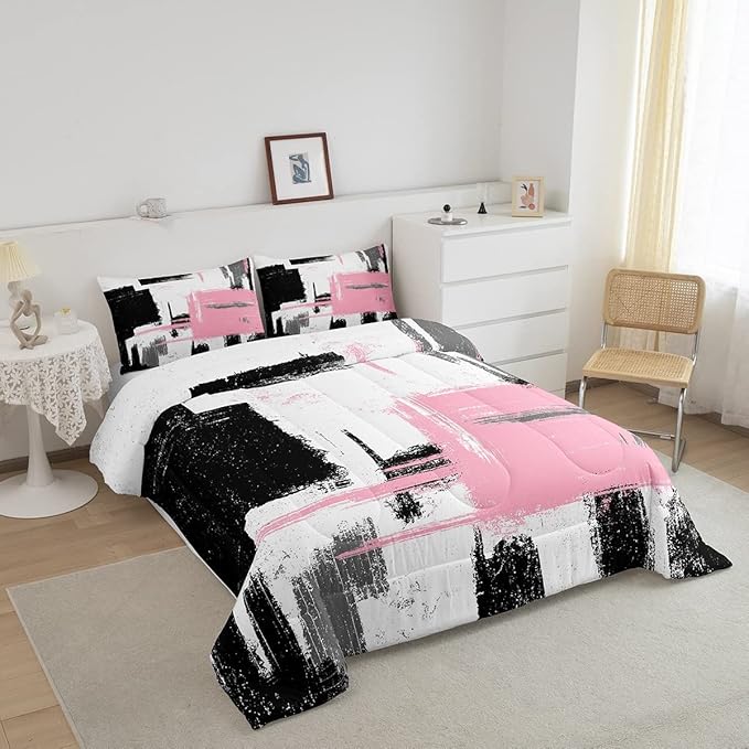 Feelyou Abstract Bedding Set Comforter Set for Kids Boys Children Modern Abstract Art Comforter Ultra Soft Decor Black Pink White Duvet Set Queen Size