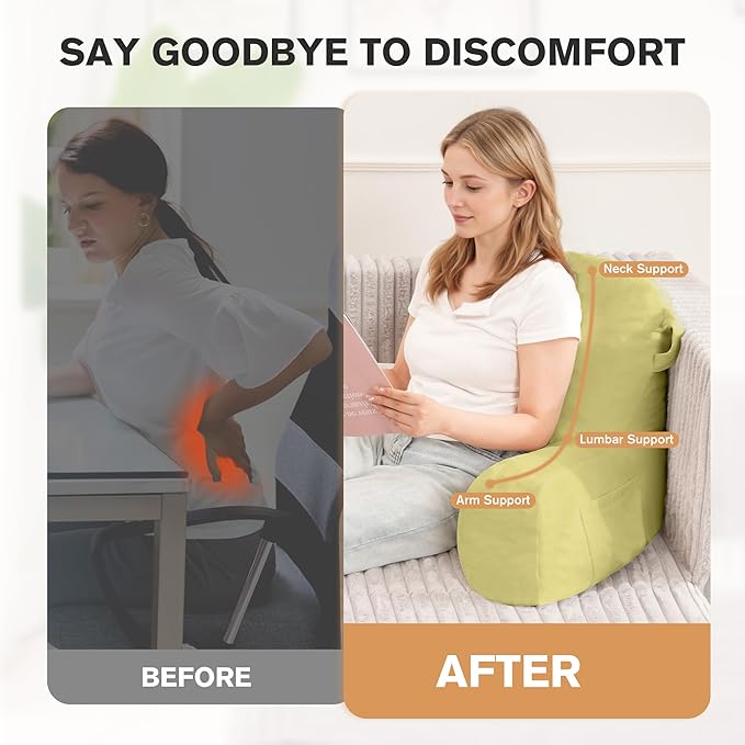 Portable Comfy Reading Pillows for Bed Sitting Up(Yellow Oeko-Tex), Velvet Back Pillow with Arms & Pockets for Adults, Support Memory Foam Bed Pillow for Dorm/Reading/Watching/Gaming