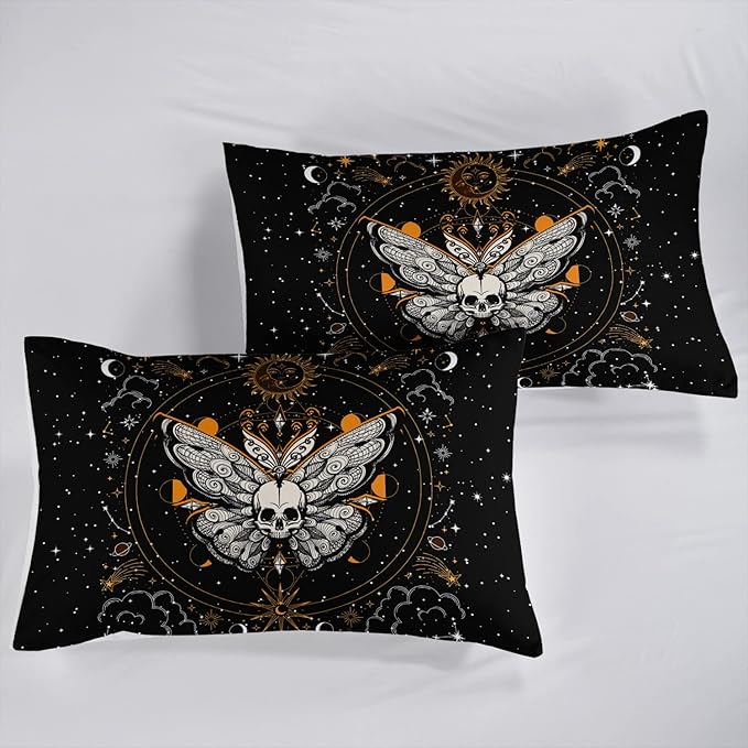 HOSIMA Butterfly Bedding Set for Girls， Gothic Skull Boho Comforter Cover Decor for Bedroom, Sun and Moon Pattern Duvet Cover Twin Size.(No Comforter)